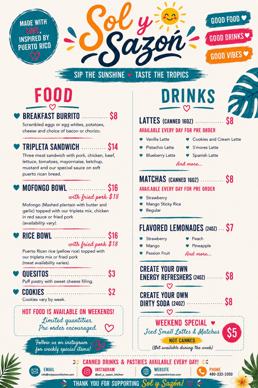 Sol y Sazón full menu — food, drinks, and pricing